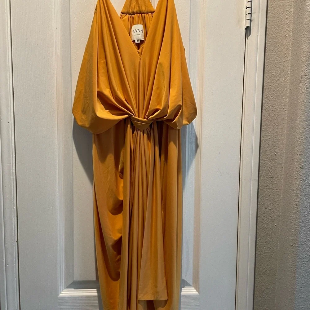Misa Los Angeles Mustard Draped Midi Dress - Picture 3 of 7